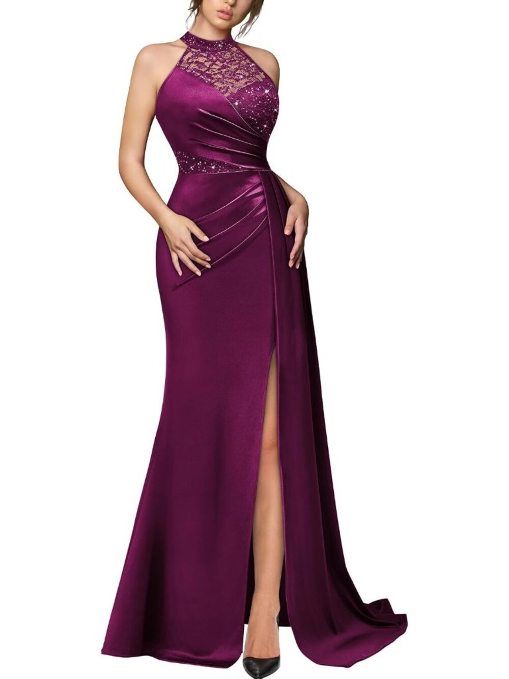 Women's Maroon Halter Neck Sequin Lace Sleeveless Cocktail Bodycon Maxi Dress